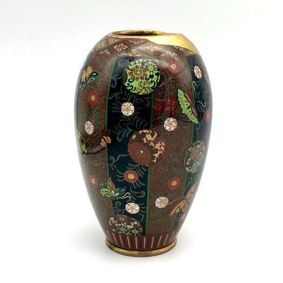 Kintsugi Antique Japanese Cloisonné Vase Meiji Era Goldstone Butterfly Floral - Picture 15 of 17